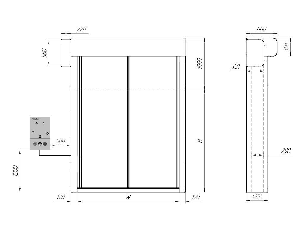 General view of a door with a drive from the side (drive on the left/drive on the right) without a heating system.